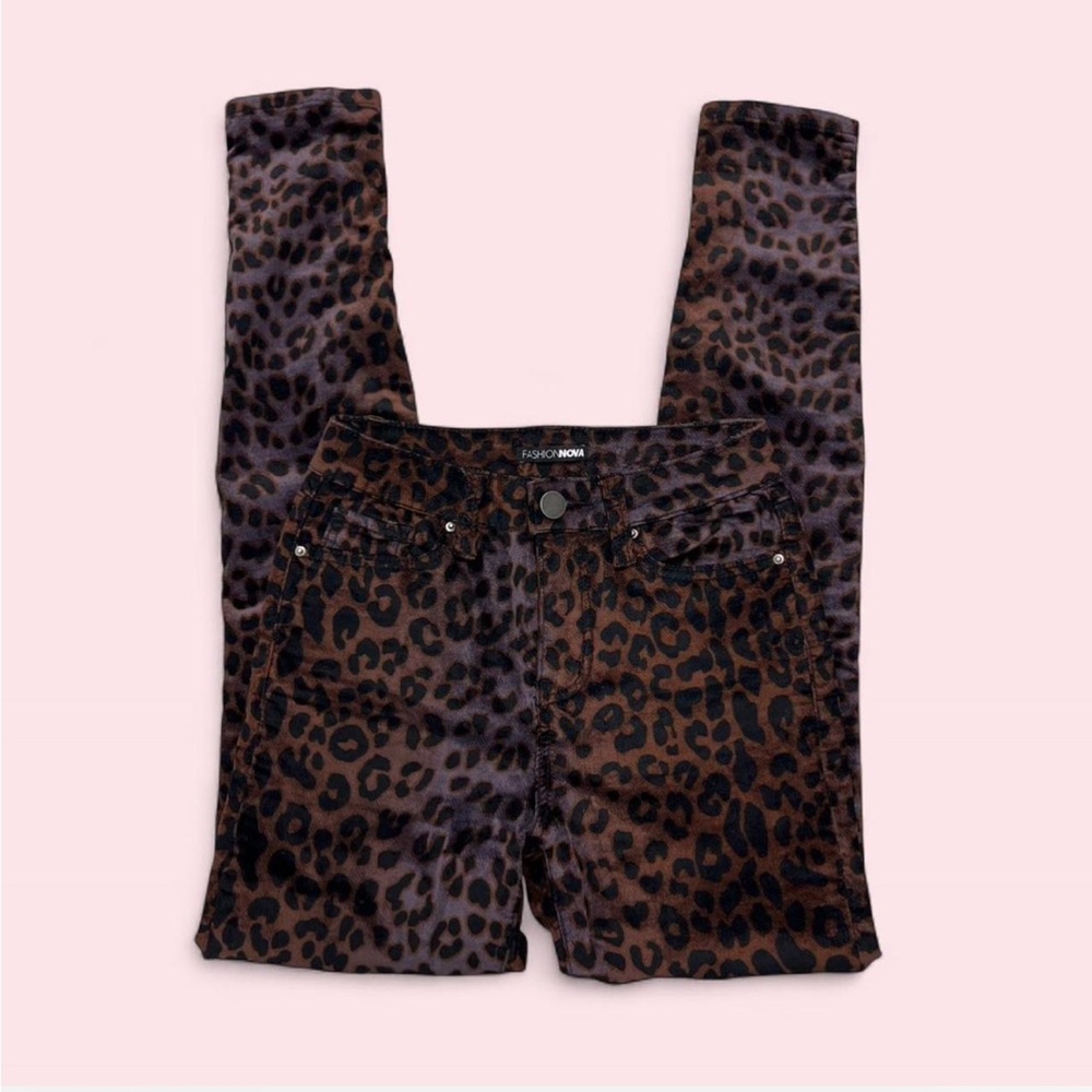 Leopard Print Velveteen Skinny Jeans - Brown & Purple